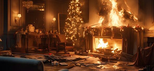 Feuer und Wohnungsbrand durch Kamin, offenes Feuer und Kerzen am Weihnachtsbaum
