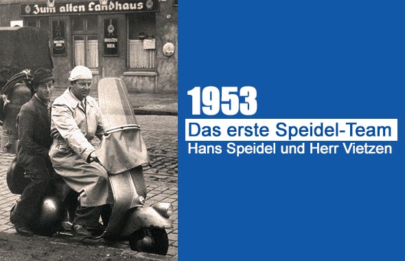 Brandschaden und Wasserschadensanierung seit 1953. Hans Speide, Gründer der SPEIDEL SystemTrocknung GmbH, l auf seinem Motorroller.